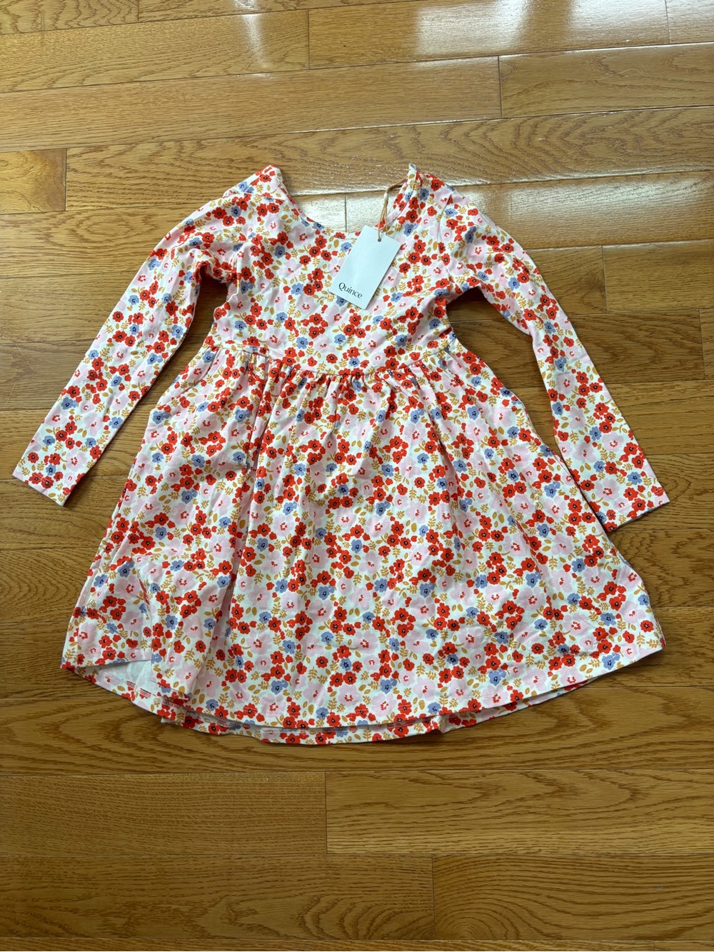 Quince Girls Floral Long-Sleeve Dress - White with Red & Pink Flowers